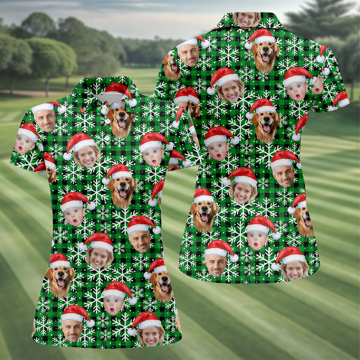 Custom Face Green And Black Checkered Christmas Golf Shirt, Ladies Golf Shirts, Golf Gifts For Women