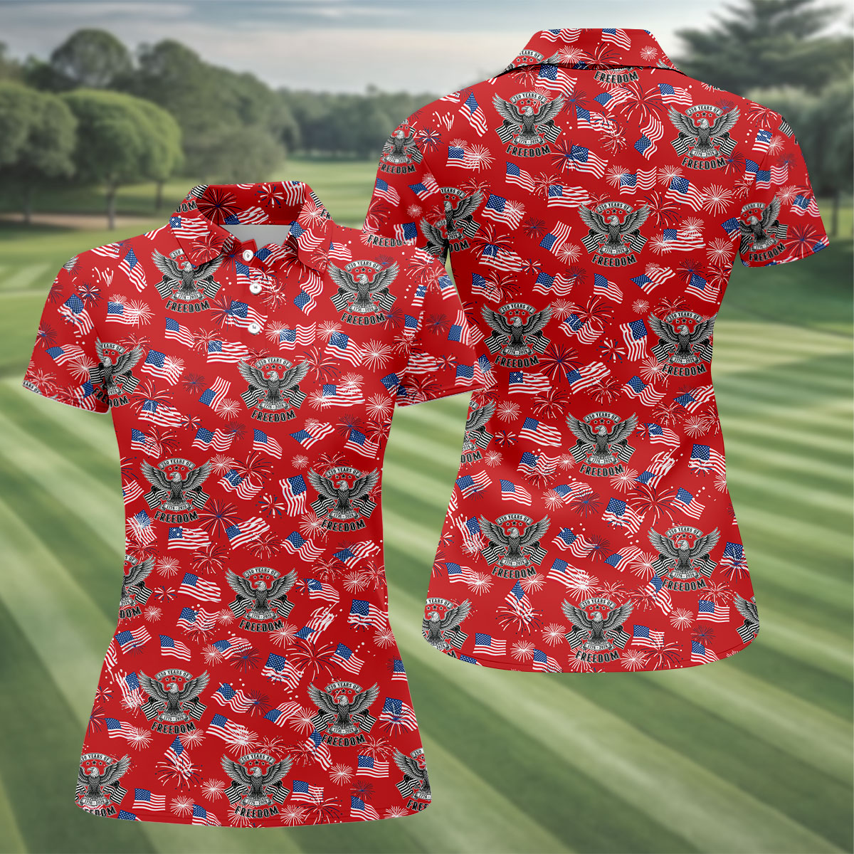 250 Years Of Freedom Festive Flag Vintage Red Golf Shirt, Patriotic 4th Of July Golf Shirt For Women