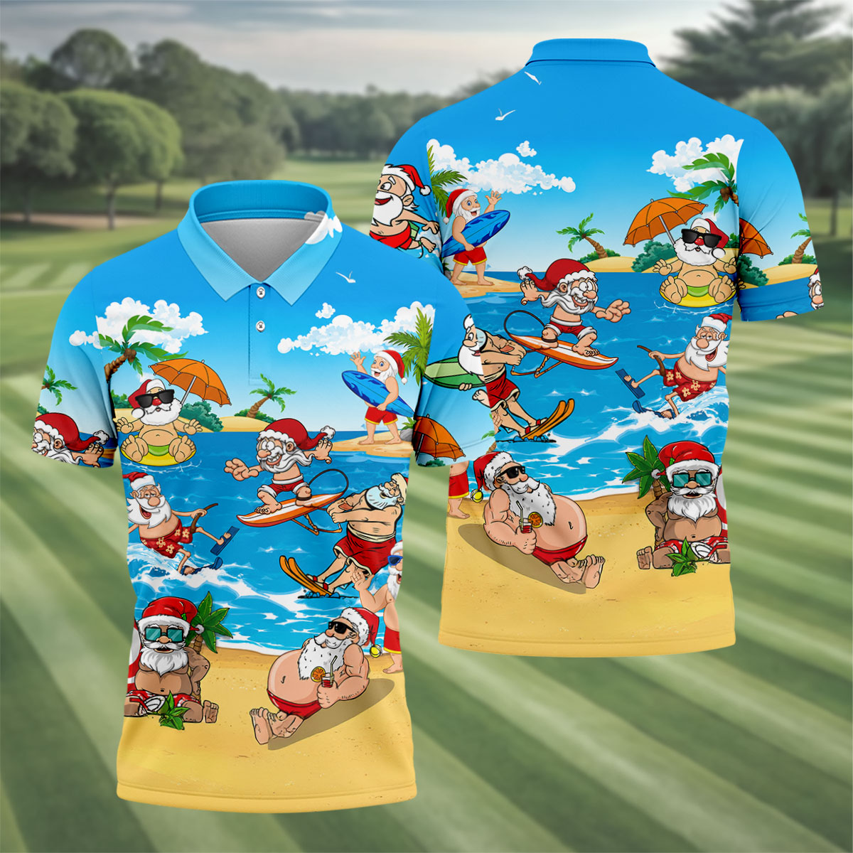 Santa Claus Summer Beach Party Golf Shirt, Mens Golf Polo, Printed Golf Shirts