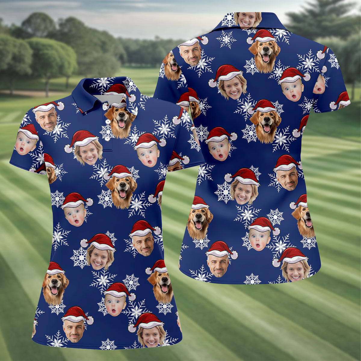 Custom Face Navy Christmas Women's Golf Tops, Ladies Golf Shirts, Christmas Golf Gift