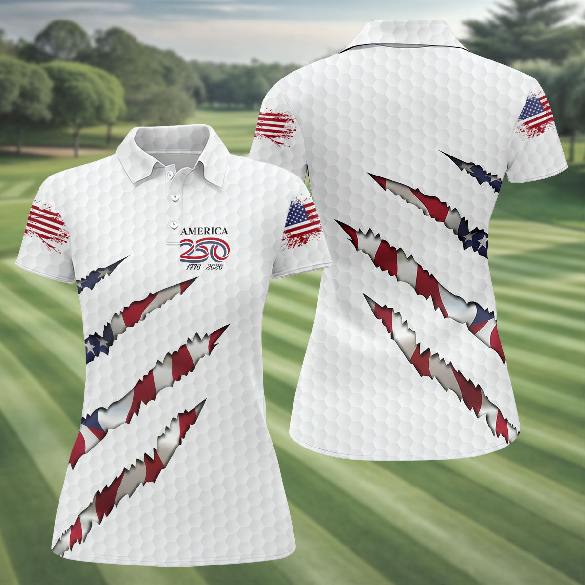 America 250 1776-2026 Scratched Flag Golf Ball Pattern White Golf Shirt, Patriotic 4th Of July Golf Shirt For Women
