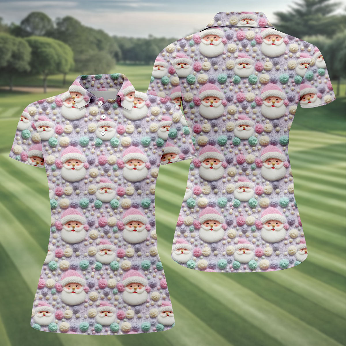 Knit Santa Pastel Pattern Women's Golf Tops, Christmas Golf Shirt, Cute Golf Outfit, Ladies Golf Shirts