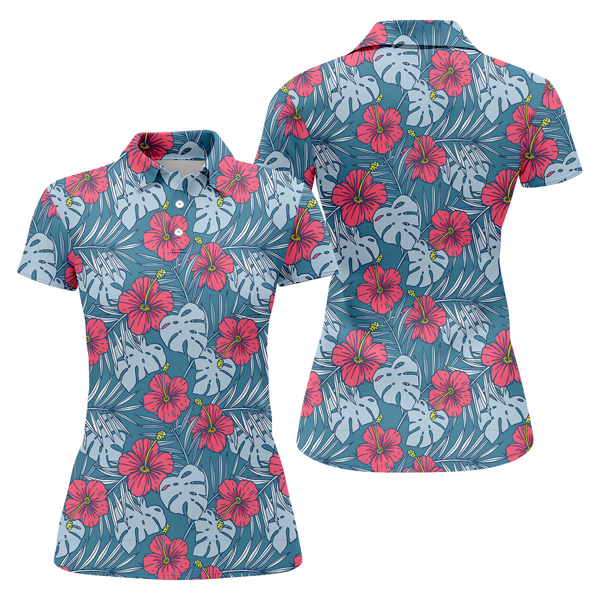 Hibiscus Flower And Leaf Patterned Golf Shirts, Womens Golf Polo Shirt Tropical Golf Shirts