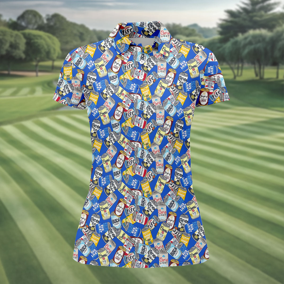 American Beer Cans Blue Golf Shirt, Ladies Golf Shirts, Golf And Beer Golf Shirt For Women