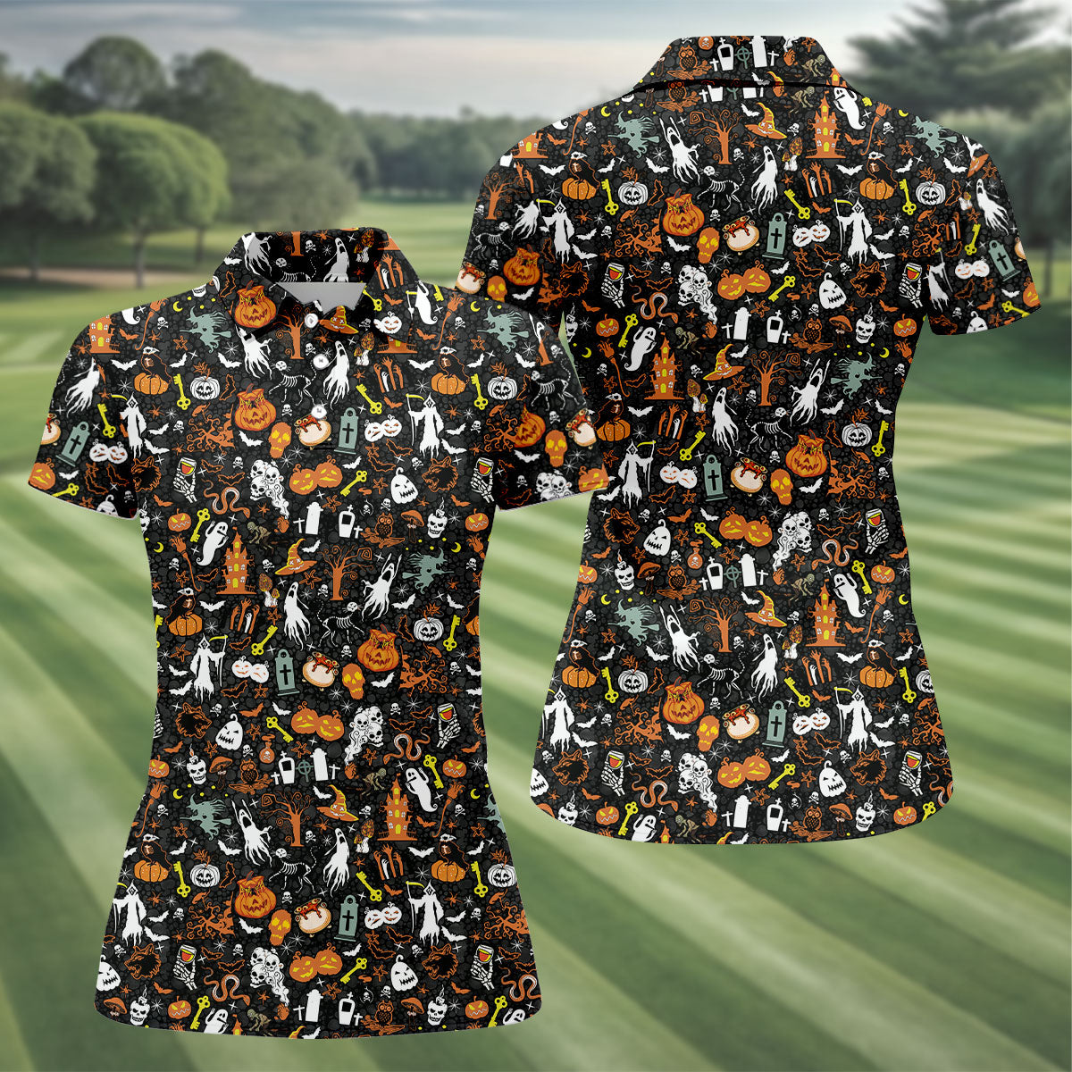 Trick or Treat Spooky Ghost Pumpkin Women's Golf Shirt, Halloween Golf Shirt, Fun Golf Shirts For Women