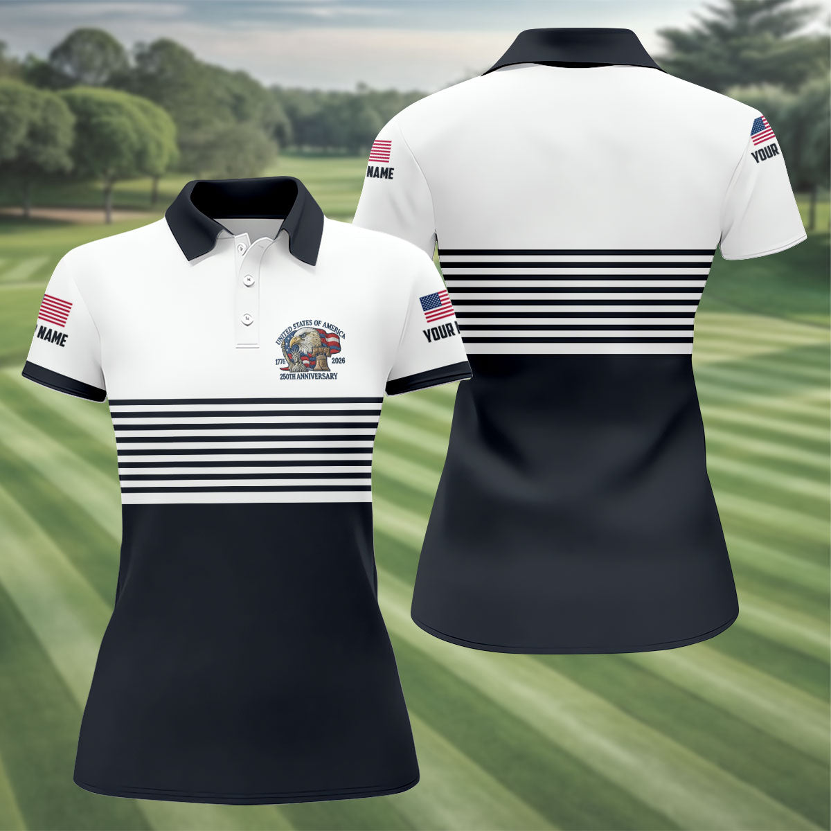 250th Anniversary Black Stripes Vintage Golf Shirt, Patriotic 4th Of July Golf Shirt For Women
