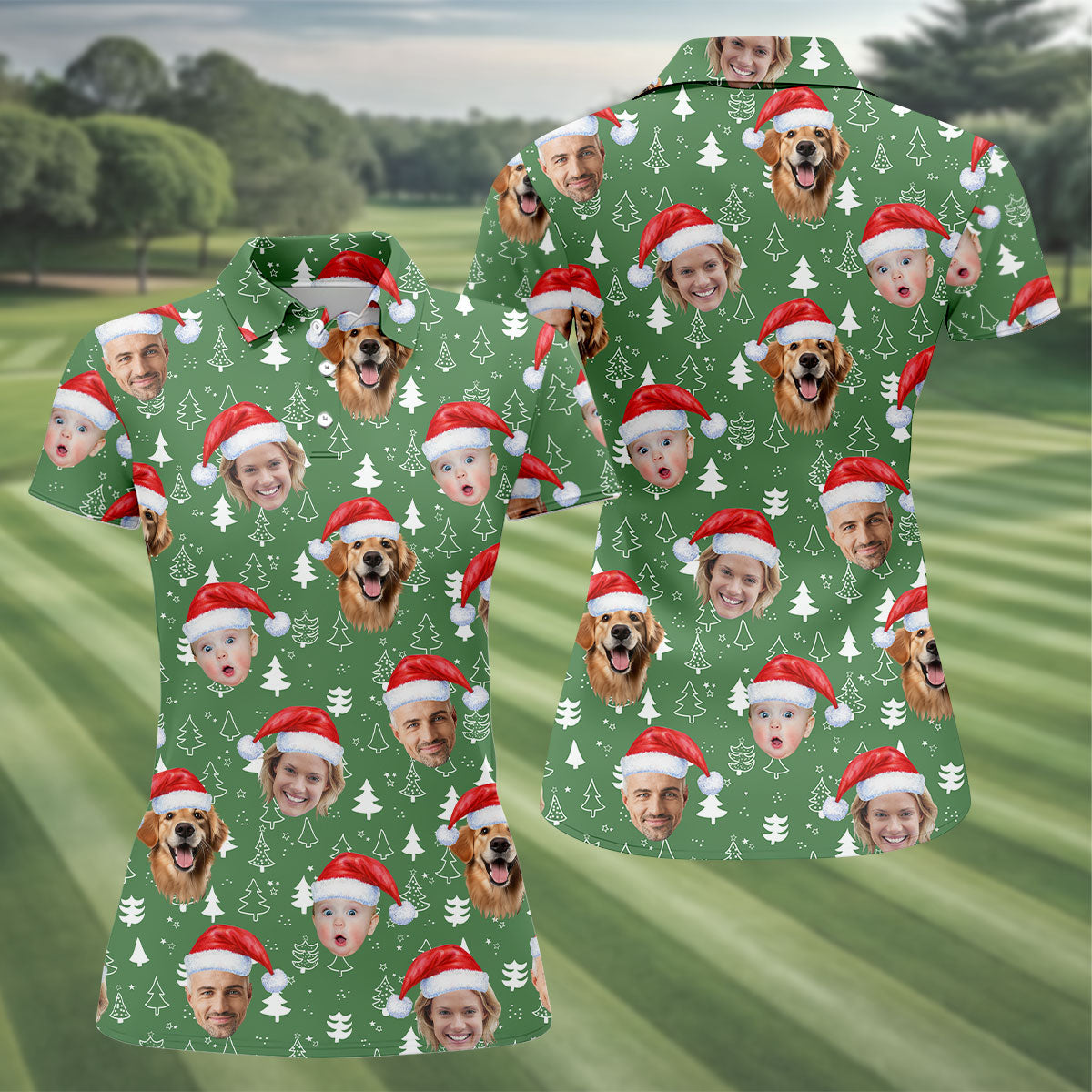 Custom Face Xmas Pine Tree Green Golf Shirt, Christmas Golf Shirt, Ladies Golf Shirts, Golf Gifts For Women