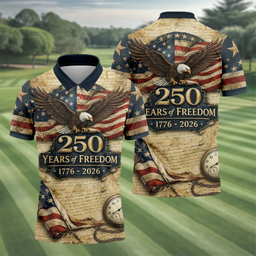 250 Years Of Freedom US Bald Eagle Retro Golf Shirt, Patriotic 4th Of July Golf Shirts For Men