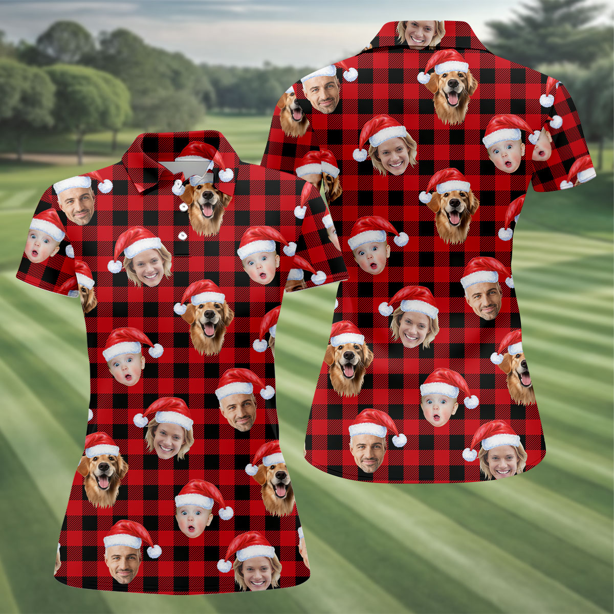 Custom Face Black And Red Checkered Christmas Golf Shirt, Ladies Golf Tops, Golf Gifts For Women