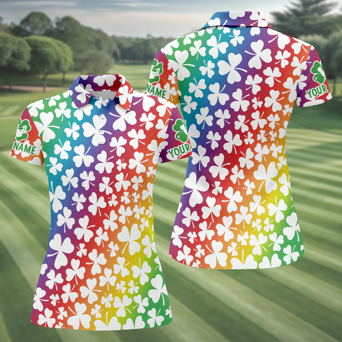 Rainbow Shamrock St Patrick's Day Golf Shirt, Women's Golf Tops, Ladies Golf Polos, Golf Shirt For Women