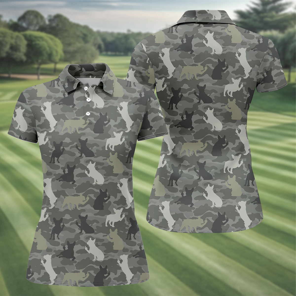 Grey Camo French Bulldog Pattern Golf Shirt, Women's Golf Shirt, Golf Polo For Women, Golf Shirts For Women