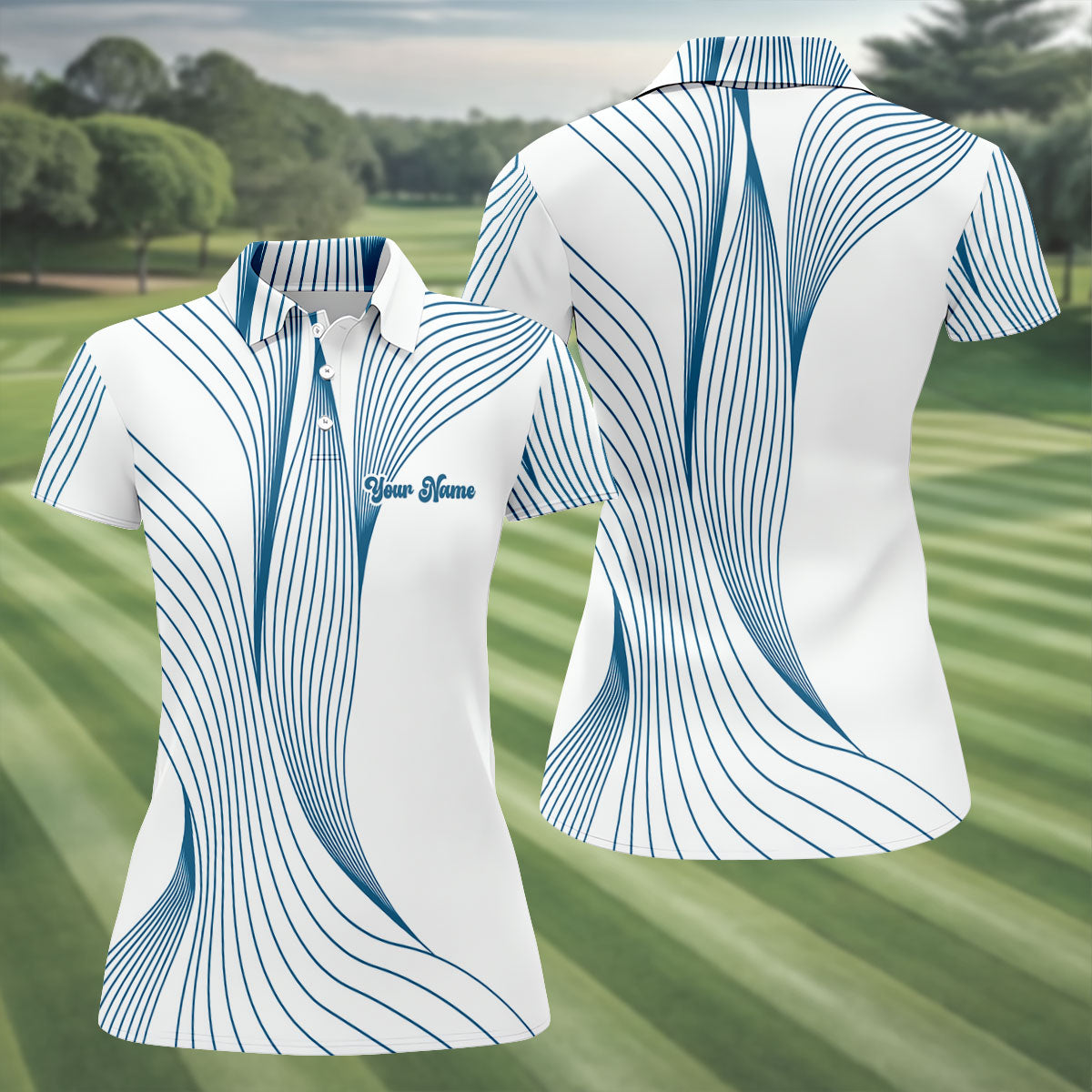 Geometric Line Wavy Line Blue And White Custom Name Women's Golf Tops, Ladies Golf Shirts, Women's Polo Shirt