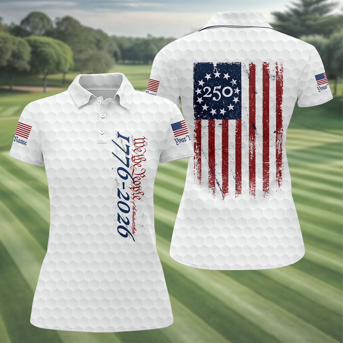 We The People Distressed American Flag White Golf Shirt, 250 Years Patriotic 4th Of July Golf Shirt For Women
