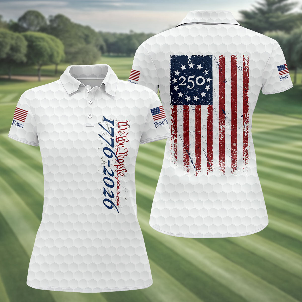 We The People Distressed American Flag White Golf Shirt, 250 Years Patriotic 4th Of July Golf Shirt For Women