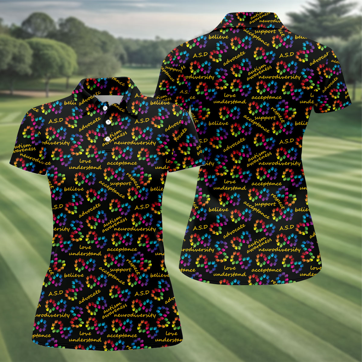 Rainbow Infinity Symbol Autism Awareness Colorful Handprint Women's Golf Tops, Ladies Golf Shirts