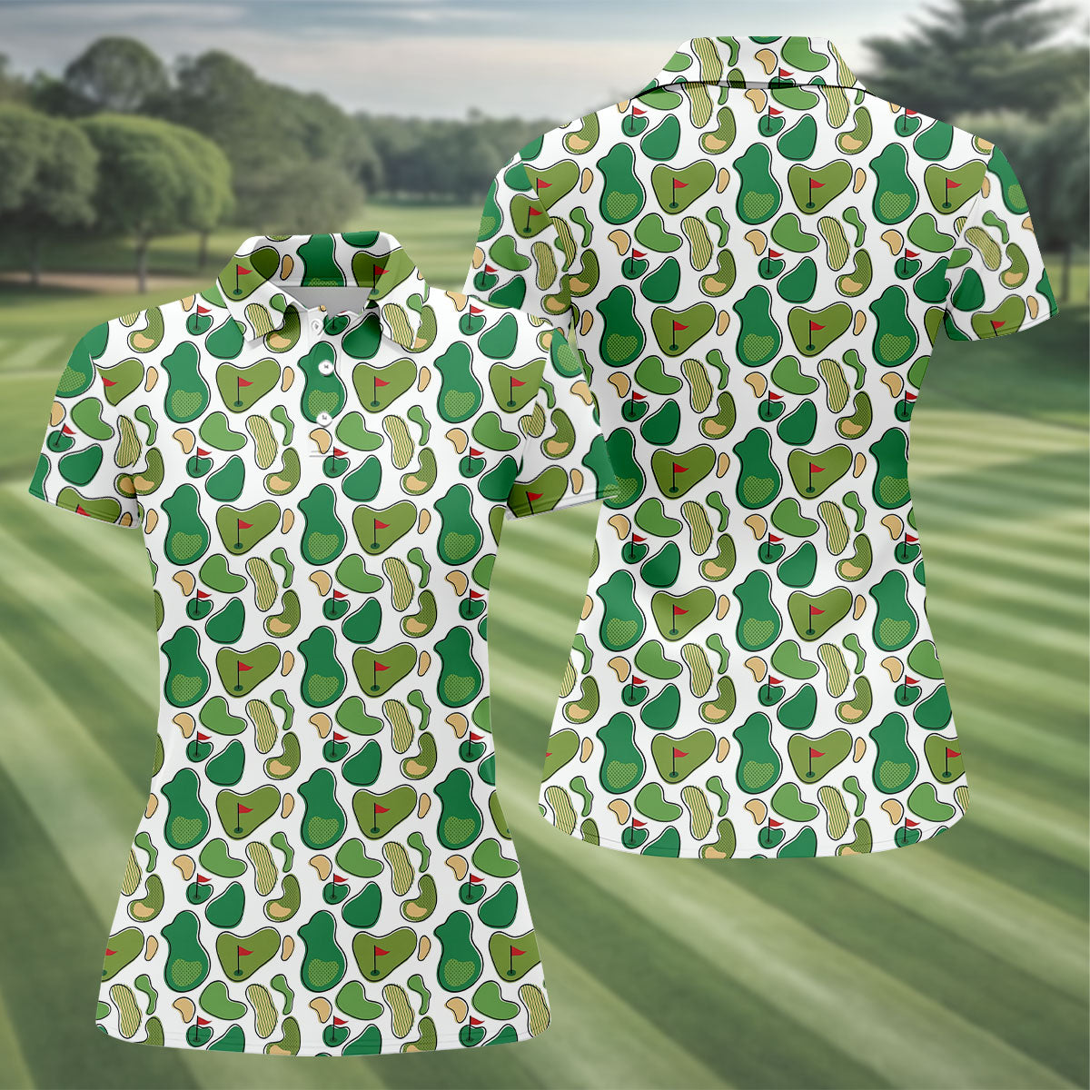 Mini Golf Course Seamless Pattern Women's Golf Tops, Performance Golf Polos, Ladies Golf Shirts