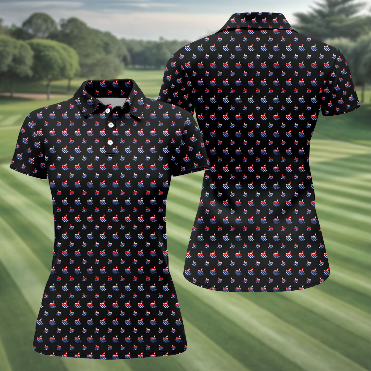 Funny Middle finger US Flag Pattern 250th Anniversary Black Golf Shirt, 4th Of July Women Golf Top