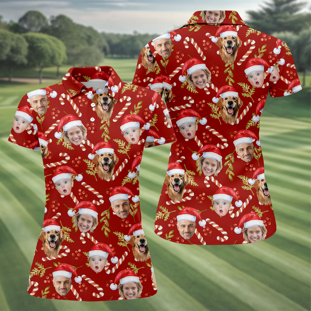Custom Face Candy Cane And Holy Christmas Red Golf Shirt, Christmas Golf Shirt, Women's Golf Tops