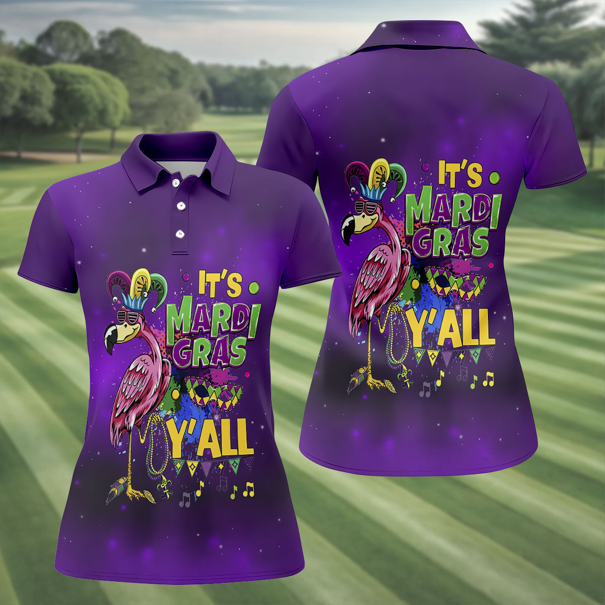 It's Mardi Gras Y'All Funny Flamingo Purple Golf Shirt, Women's Golf Tops, Ladies Golf Shirt
