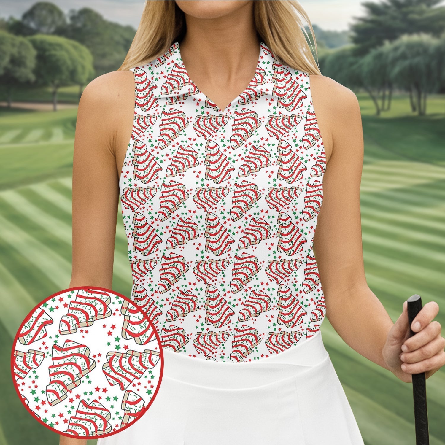 Christmas Tree Cakes White And Red Women's Golf Tops, Christmas Golf Shirt, Ladies Golf Shirts
