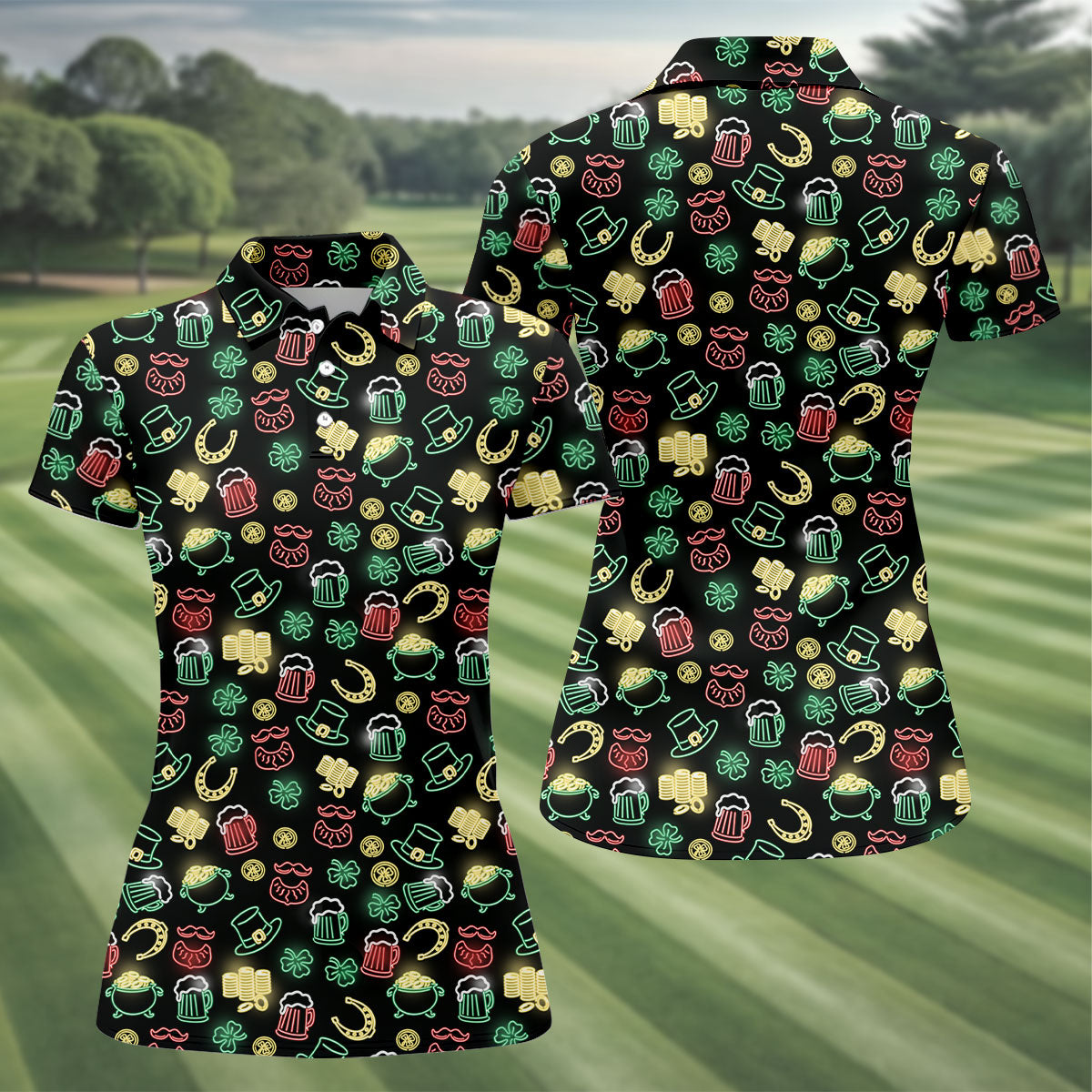Leprechaun Hats Gold Coins Pot St Patrick's Day Shamrock Golf Shirt, Women's Golf Tops, Ladies Golf Polos