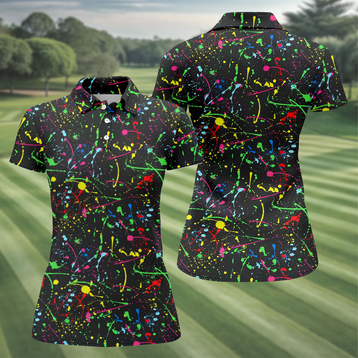 Neon Paint Splatter Pattern Golf Shirt, Women's Golf Shirt, Hawaiian Golf Shirt, Golf Polo For Women