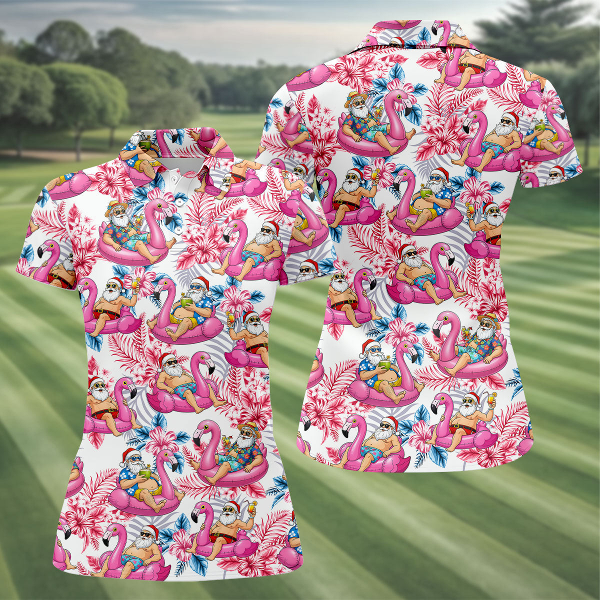 Santa Flamingo Float Tropical Christmas Golf Shirt, Christmas Shirts For Women, Christmas Golf Shirt