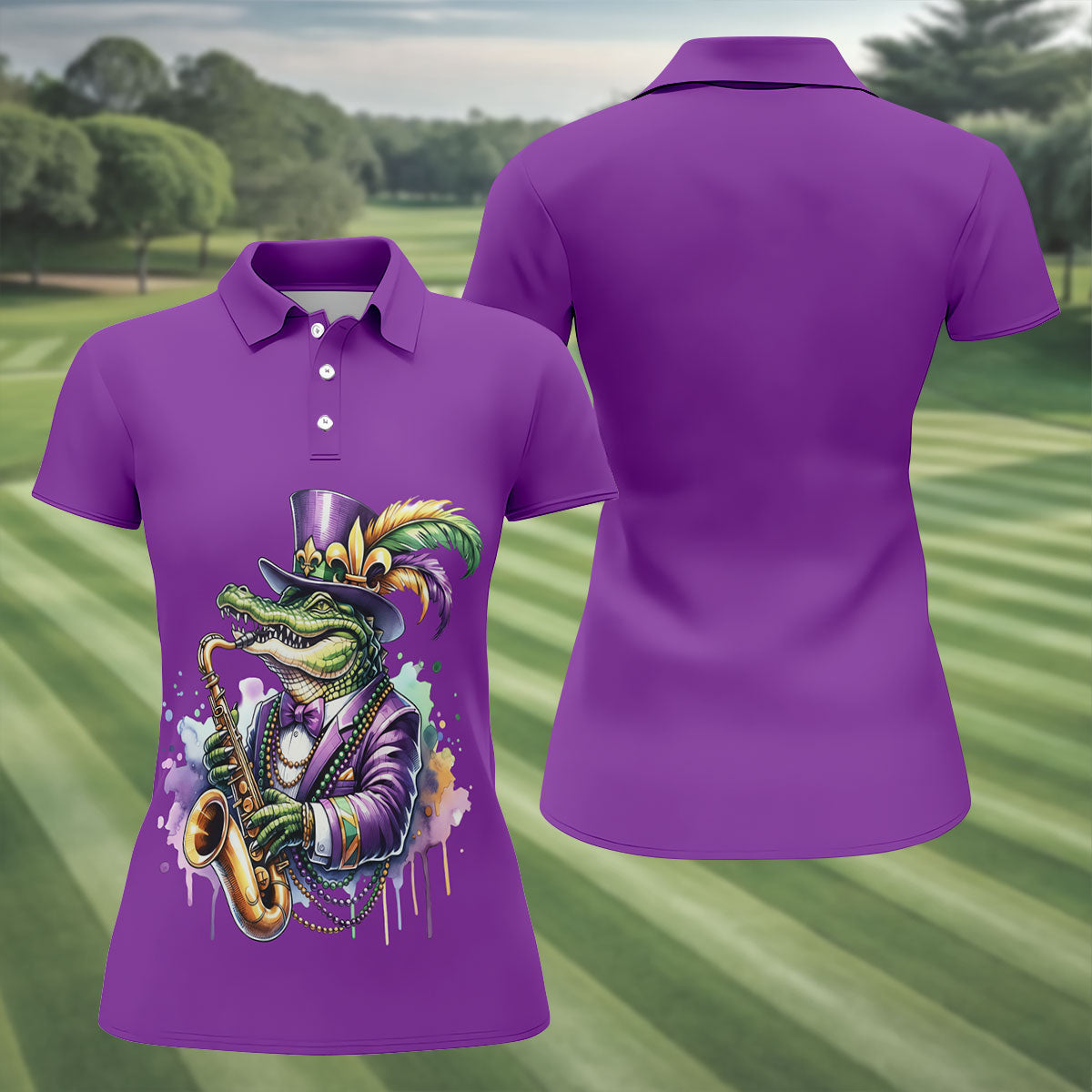 Mardi Gras Alligator Playing Saxophone Purple Golf Shirt, Women's Golf Tops, Ladies Golf Shirt