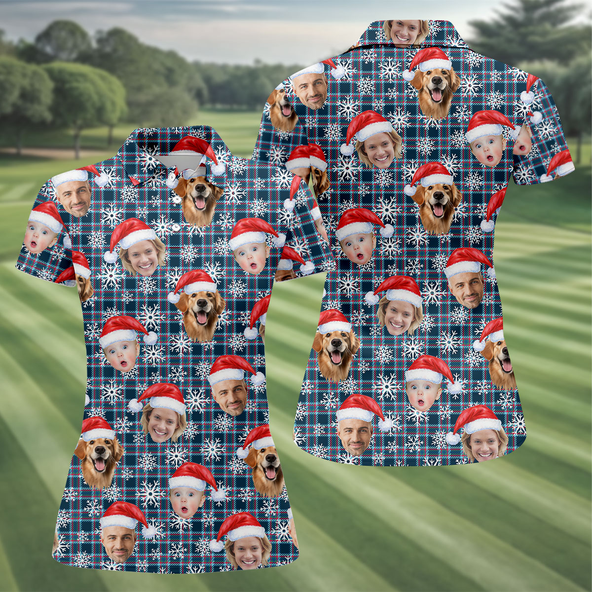 Custom Face Red And Blue Plaid Snowflakes Print Christmas Golf Shirt, Ladies Golf Tops, Golf Gifts For Women