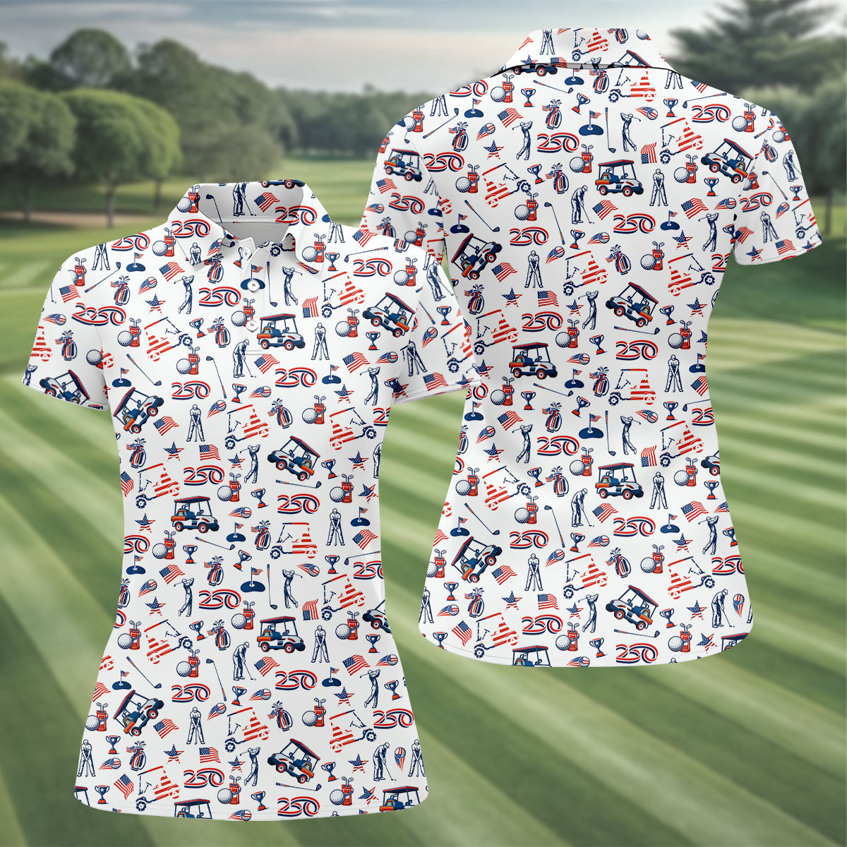 250th Anniversary US Flag Pattern Patriotic Golf Shirt, 4th Of July Women Golf Top, Ladies Golf Shirts