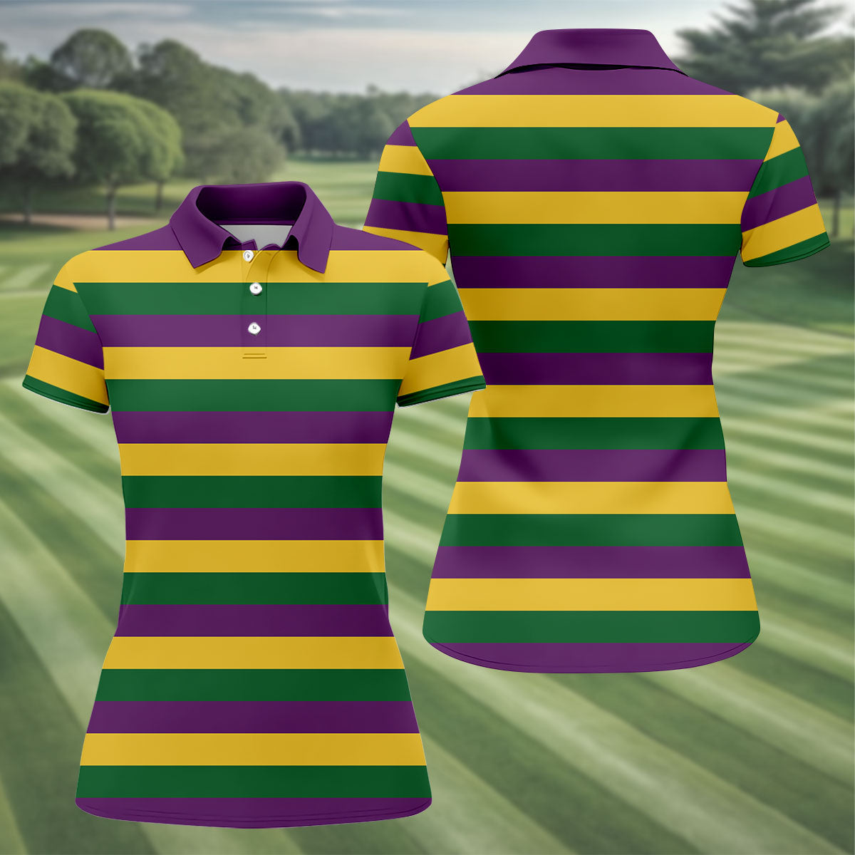 Gold Purple Green Mardi Gras Stripe Pattern Women Golf Top, Festive Ladies Golf Tops, Ladies Golf Shirts