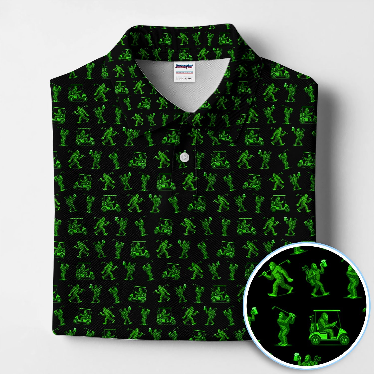 Bigfoot Golf Pattern Shirt, Funny Sasquatch Golf Polos For Men, Neon Green Golf Shirt For Golfer