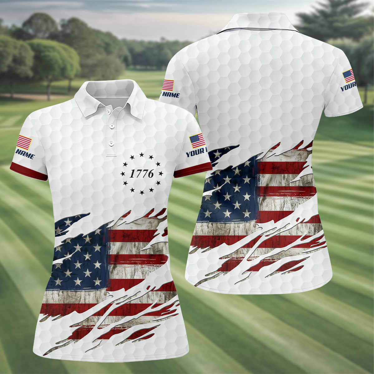 American Flag Cross Golf Ball Pattern Women's Golf Tops, 250th Anniversary Ladies Golf Shirts