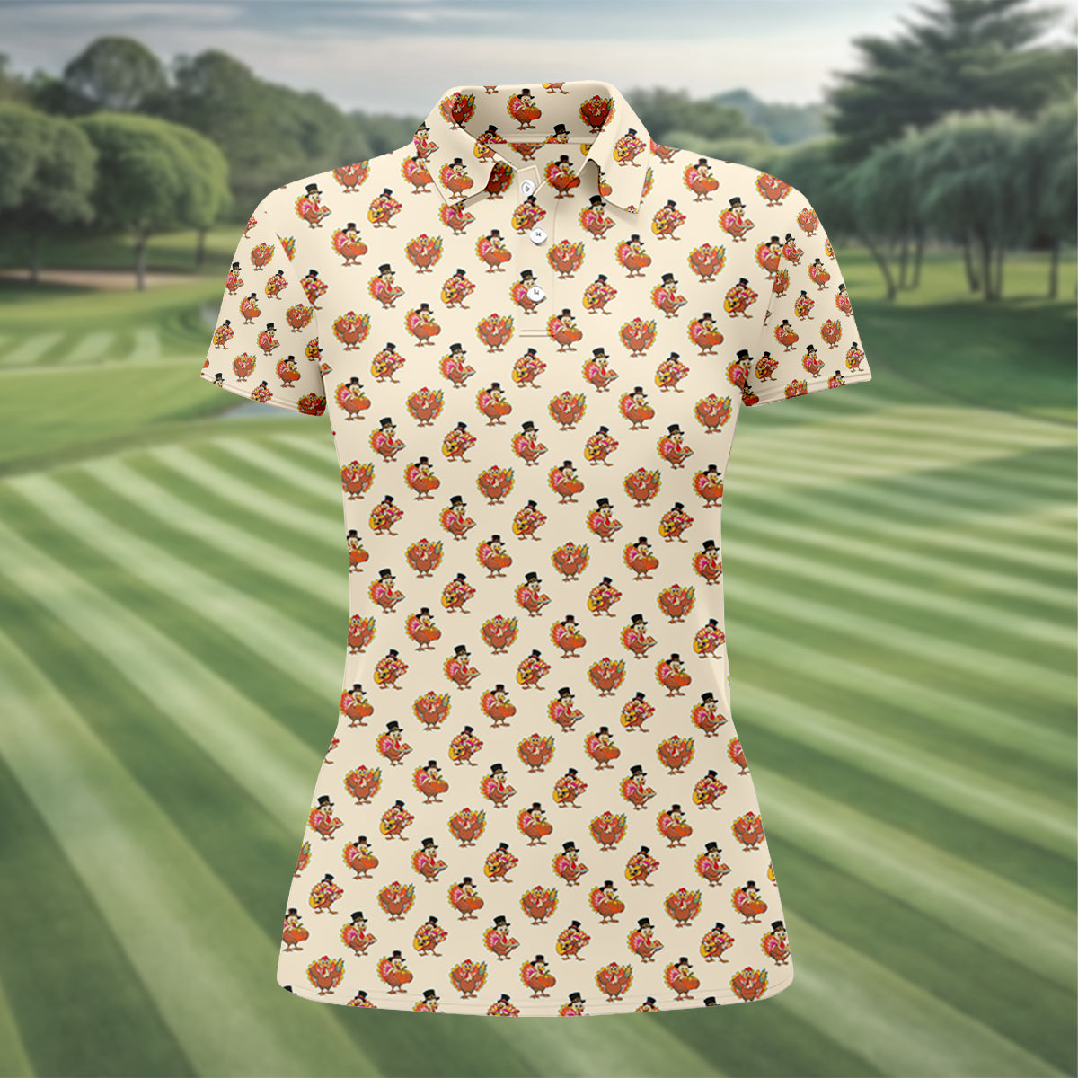 Festive Turkey Thanksgiving Holiday Beige Ladies Golf Tops, Women Golf Top, Golf Gift For Ladies