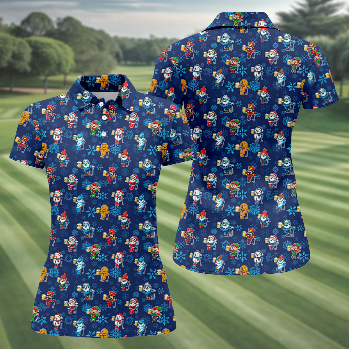 Christmas Characters Golf And Beer Navy Women's Funny Golf Shirts, Christmas Golf Shirt, Polo ShirtFor Women