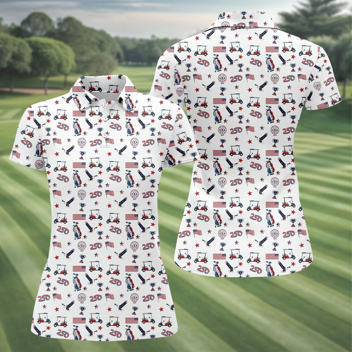 250 Years Golf Pattern Patriotic Golf Shirt, Ladies Golf Tops, 4th Of July Golf Shirt For Women