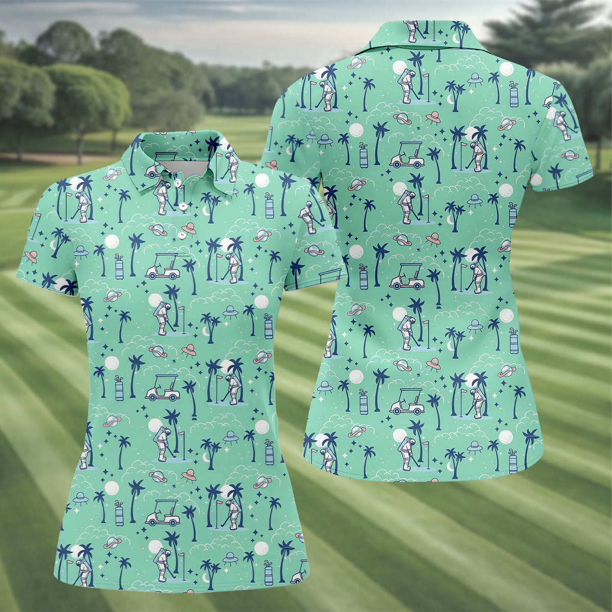Astronaut Golfing Space Themed Tropical Golf Shirt, Women's Golf Tops, Ladies Golf Shirt