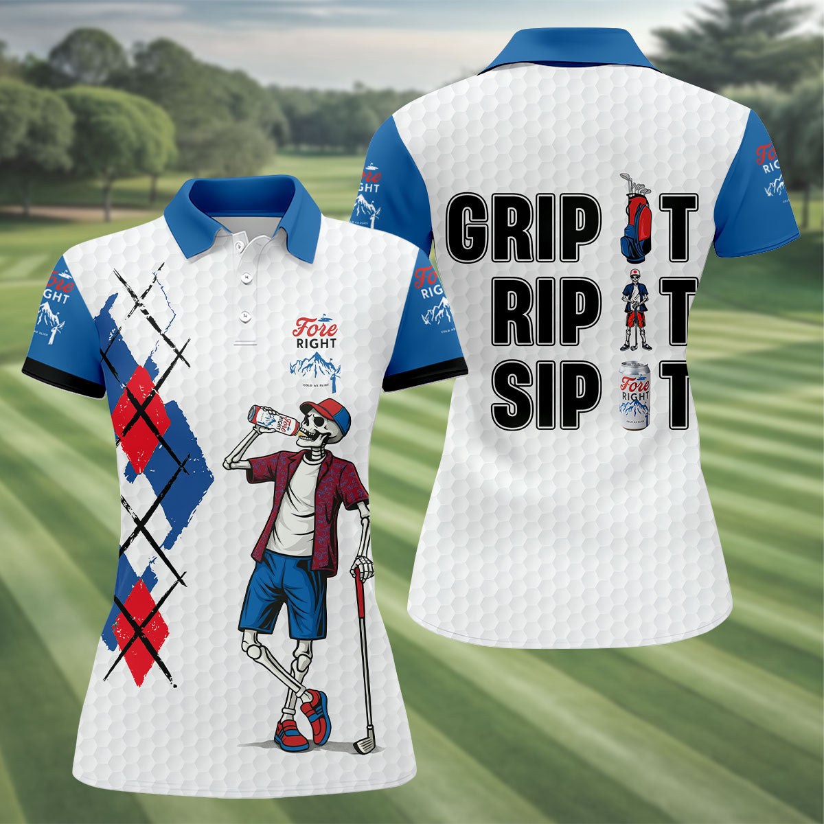 Fore Right Funny Skeleton Golf And Beer Red White  Women's Golf Tops, Ladies Golf Shirts