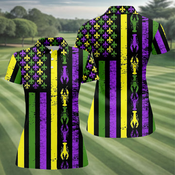 Mardi Gras Flag Fleur-De-Lis Symbol Crawfish Pattern Women's Golf Tops, Women's Golf Shirts, Ladies Golf Polos