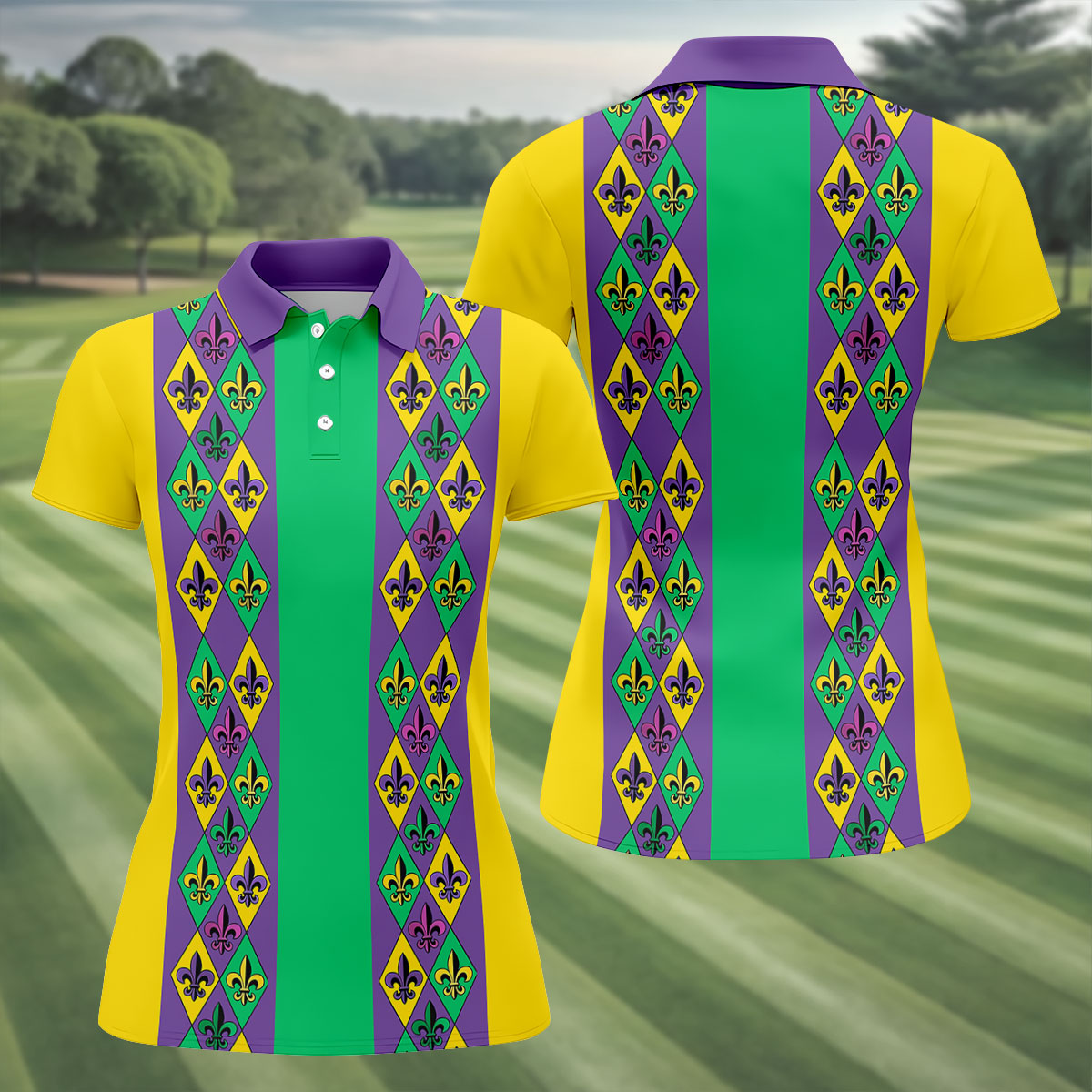 Purple Green Gold Fleur De Lis Argyle Pattern Mardi Gras Golf Shirt, Women's Golf Tops, Ladies Golf Shirt
