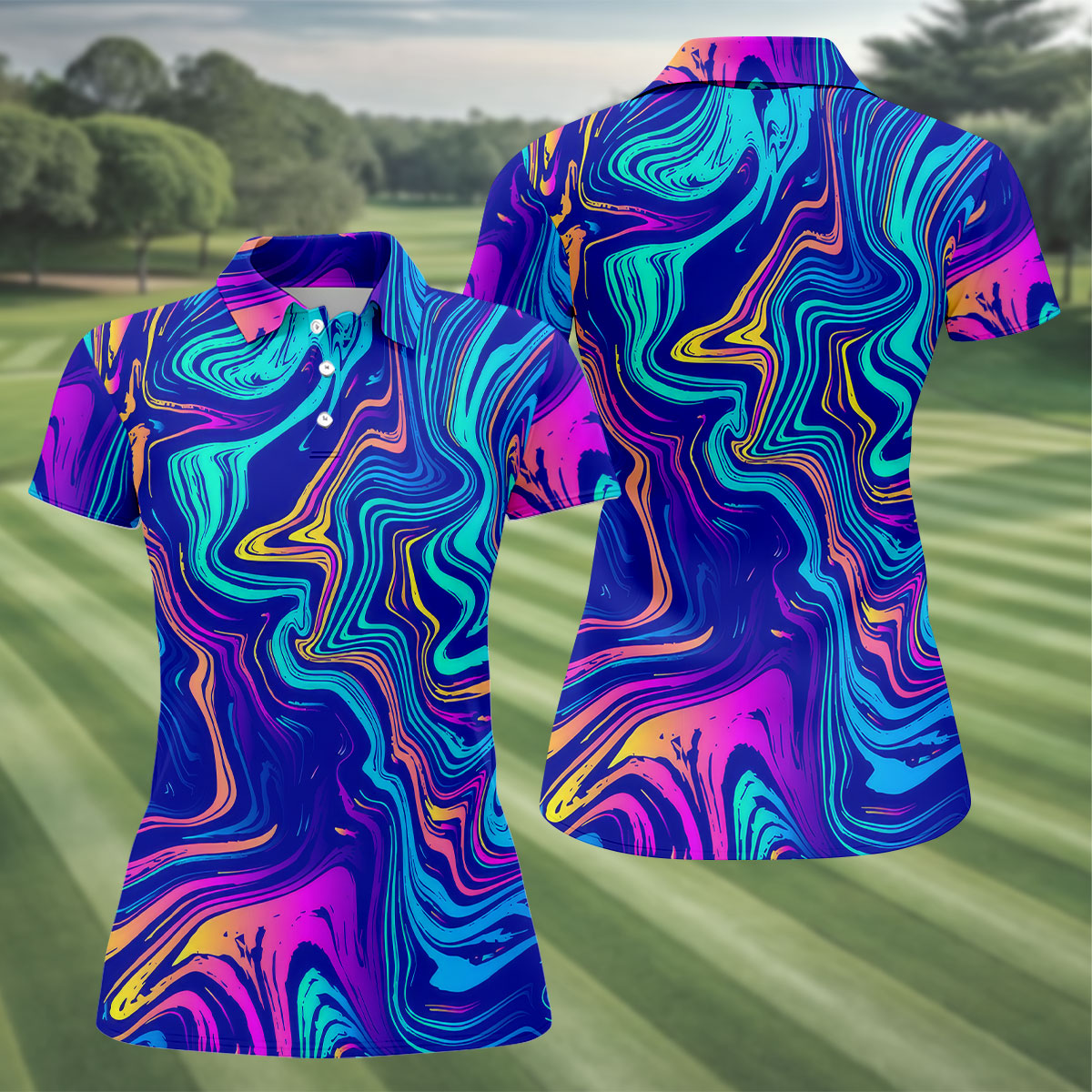 Vibrant Abstract Liquid Pattern Golf Shirt, Hawaiian Golf Shirt, Ladies Golf Tops, Performance Golf Shirt,