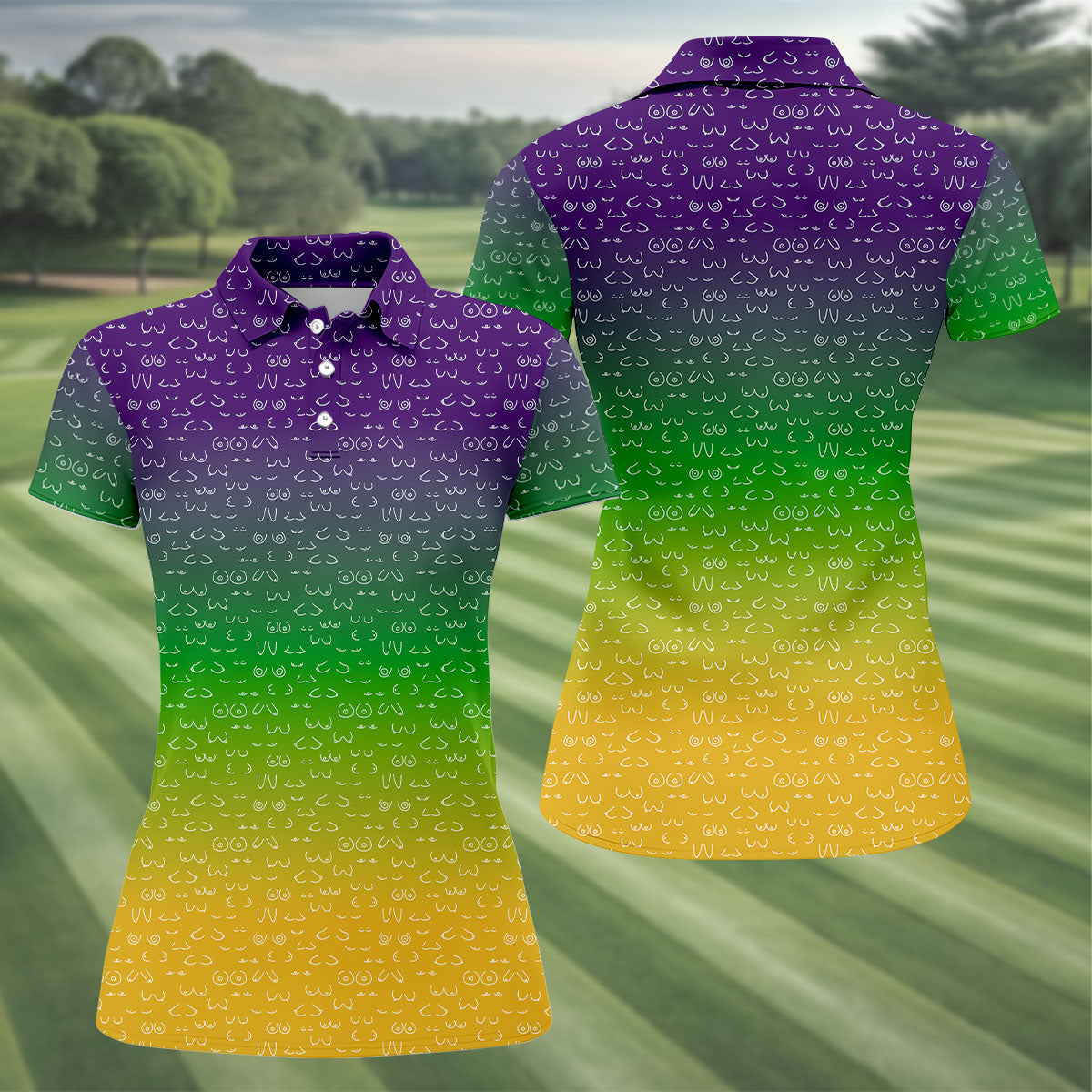 Purple Green Gold Ombre Color Mardi Gras Golf Shirt, Women's Golf Tops, Golf Gifts For Women, Ladies Golf Shirts