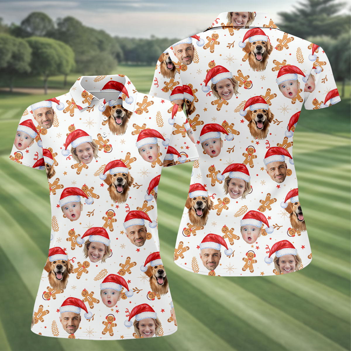 Custom Face Christmas Gingerbread White Golf Shirt, Christmas Golf Shirt, Women's Golf Tops, Golf Gift For Ladies