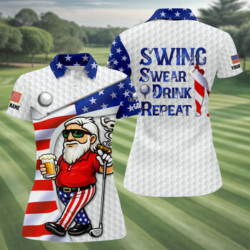 Swing Swear Drink Repeat Golf And Beer Patriotic Man 4th Of July White Golf Shirt, 250 Years Women's Golf Tops