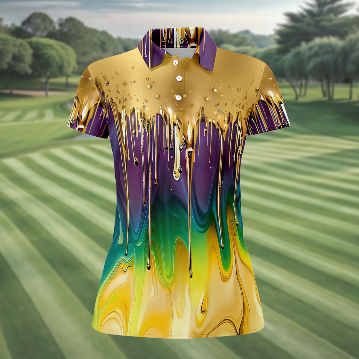 Purple Green Gold Dripping Effect Mardi Gras Golf Shirt, Women's Golf Shirts, Ladies Golf Polos