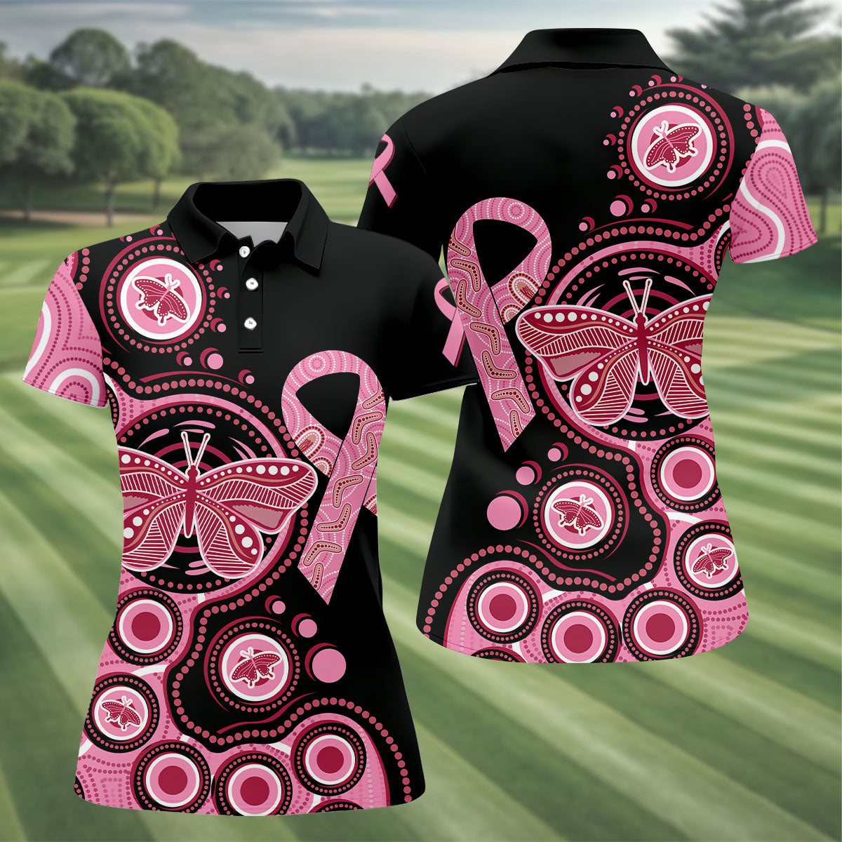 Breast Cancer Pink Butterfly Women Golf Top, Cancer Awareness Shirt, Ladies Golf Shirts
