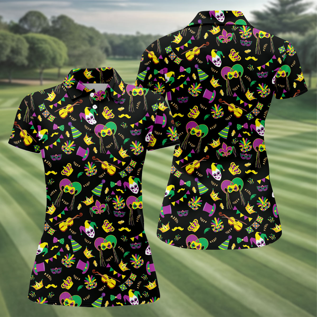Festive Mask Purple Green Gold Mardi Gras Golf Shirt, Women's Golf Tops, Ladies Golf Polos