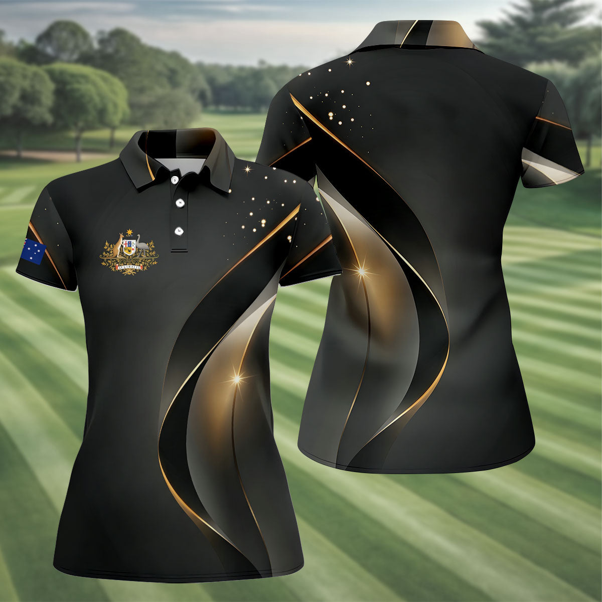 Australian Coat Of Arms Black And Gold Gradient Ladies Golf Tops, Golf Shirt For Women