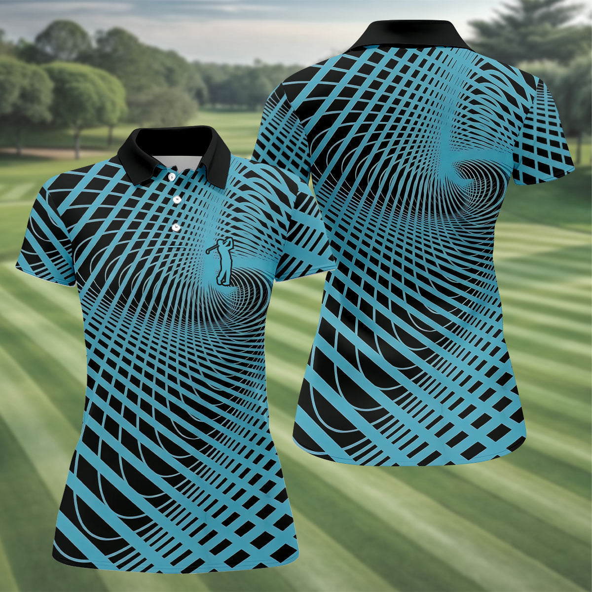 Swirling Vortex Black And Light Blue Women's Golf Tops, Ladies Golf Shirts, Ladies Golf Polos