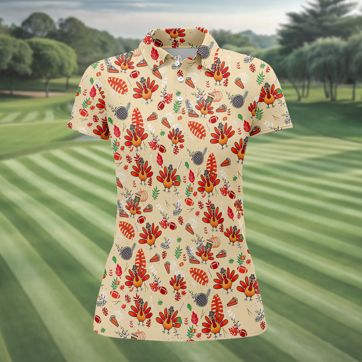 Funny Turkey Hawaiian Pattern Thanksgiving Women's Golf Tops, Fun Women's Golf Shirts, Ladies Golf Shirts